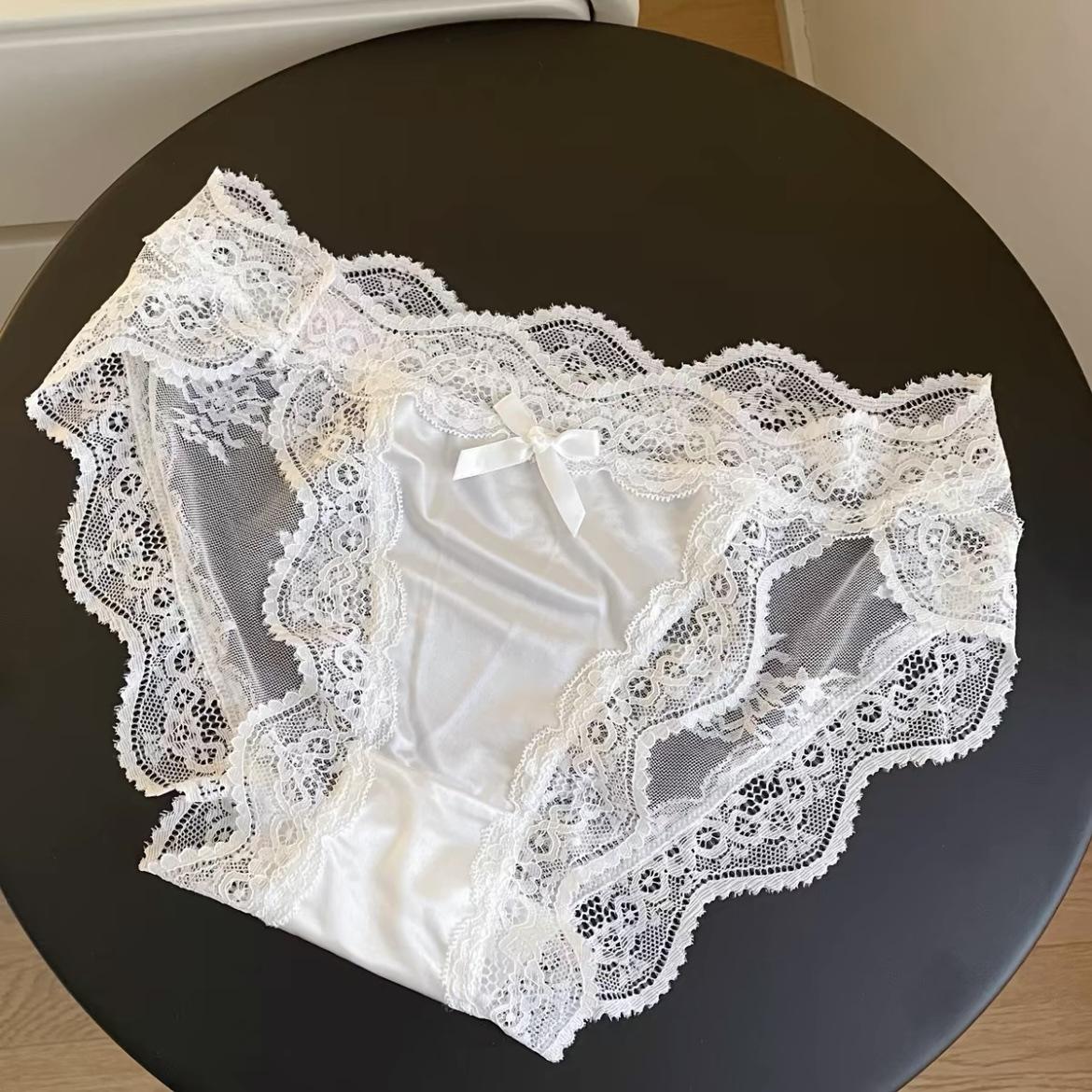 

Атласная сетка кружевная вставка бант женское нижнее белье сексуальное с низкой посадкой полое нижнее белье низкая посадка чистый хлопок чистое желание трусики L белый