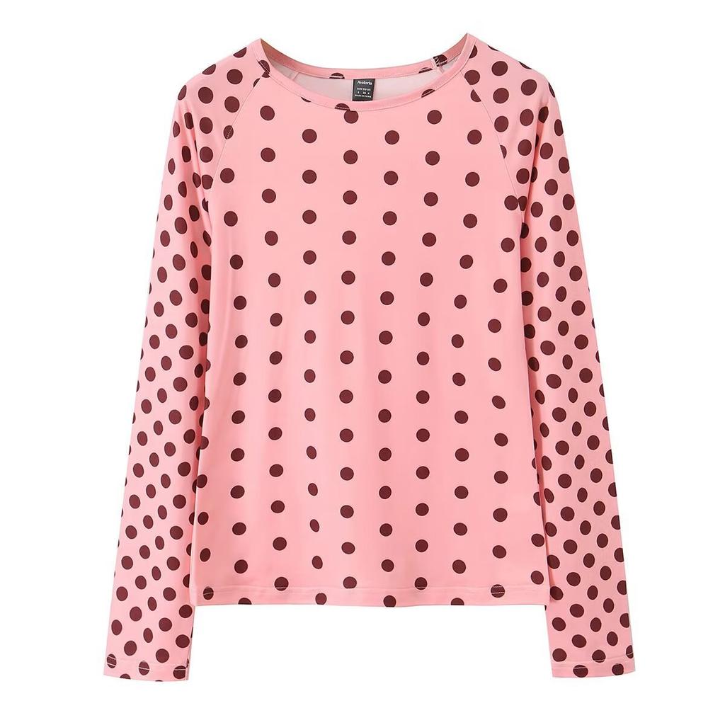 European and American style, new women's clothing, foreign style, fashionable polka dot high elastic long-sleeved T-shirt 0264-034
