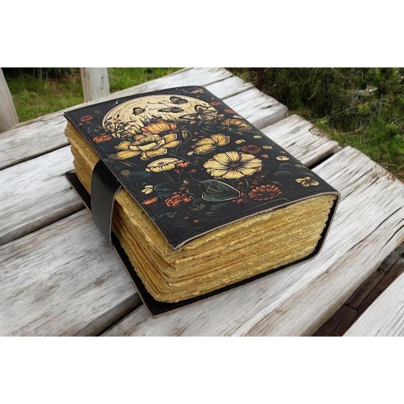 Large Leather Grimoire Journal | Fox Print Spell Book | Blank Book of Shadows | Handmade Leather Journal | Witchcraft Gifts for Him