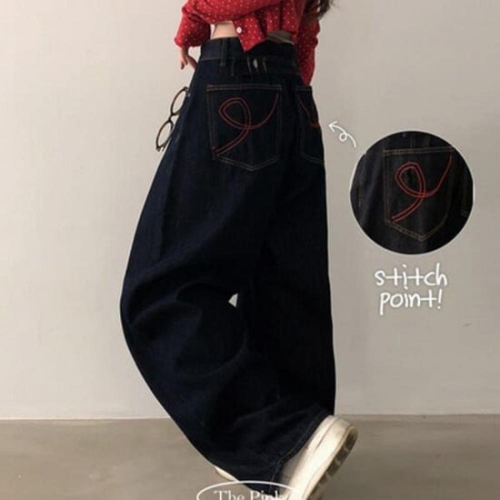 The Pink Women S Wide Denim pantS With Red Stitch