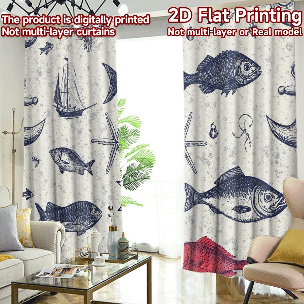 IMPRESSION PLATE 2D 2 pièces Rideaux (Sans Canne) Motif Illustrations de Poissons Nautiques Rideaux Modernes Rideaux en Polyester Art Déco