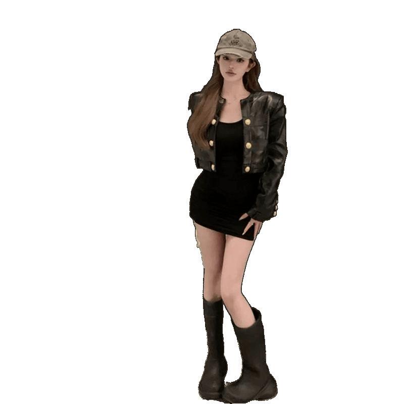 Women's Black Leather Cardigan: French Style, Loose Fit, Long Sleeve Short Jacket