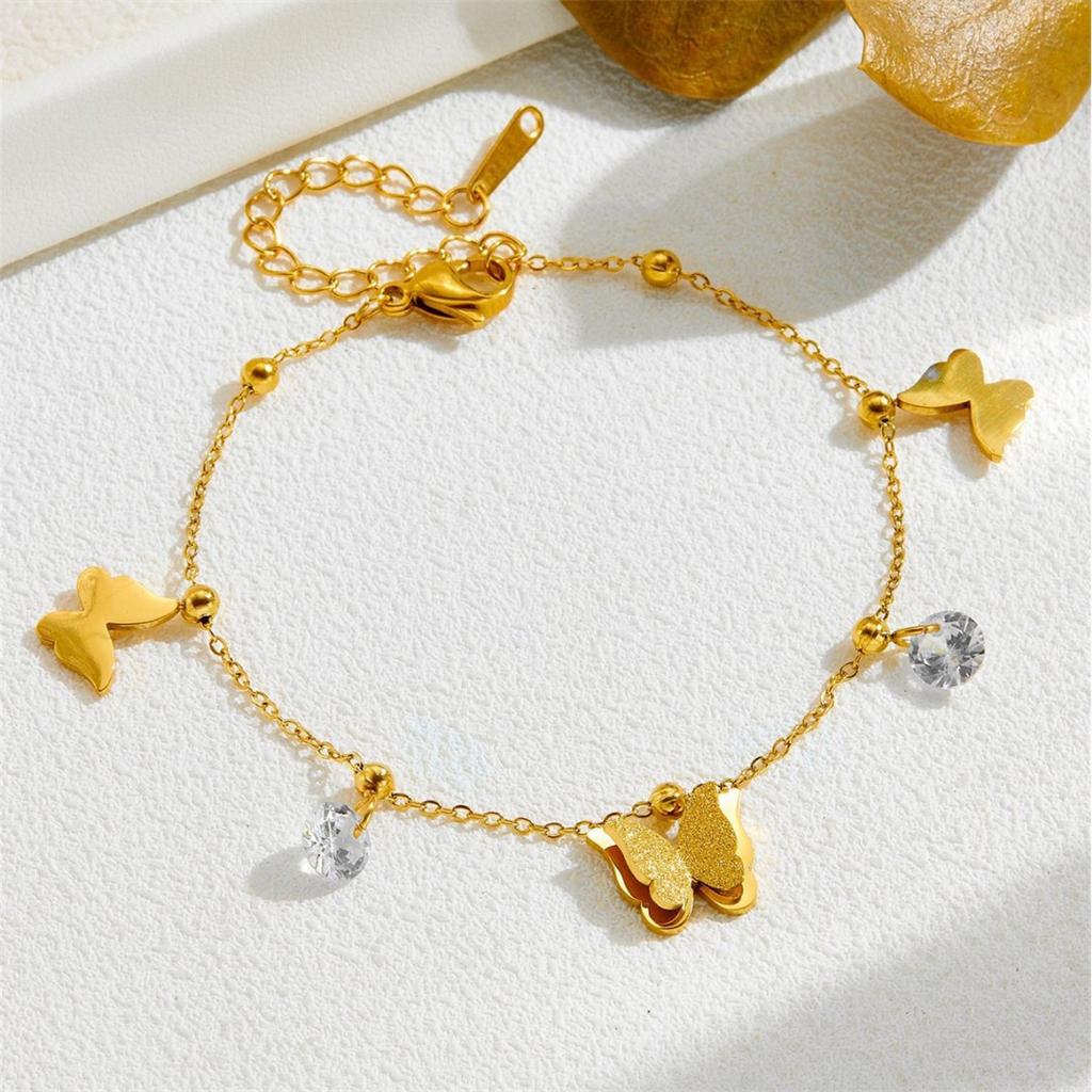 Punk Fashion Zirconia and Butterfly Charm Bracelet Female Gold Color Stainless Steel Chain Link Bracelet for Women Jewelry Gift