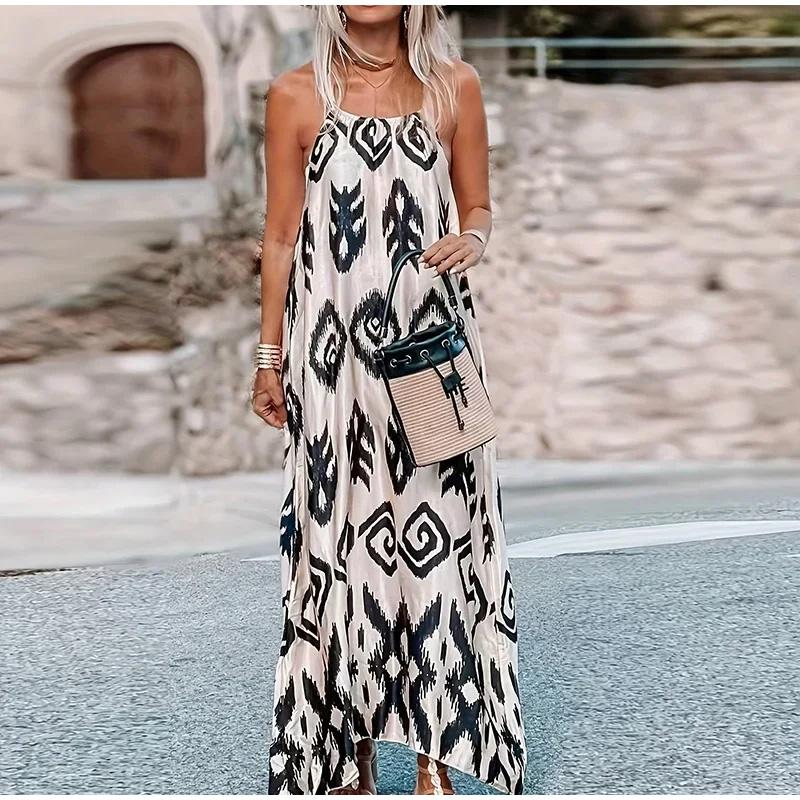 Модное принтованное платье-миди на бретельках для женщин — фото 3