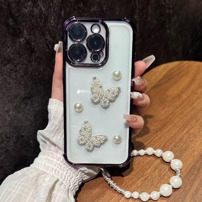 With Bead Chain 3D Pearl Butterfly Plating Case For Huawei Nova 13 Pro 12 12S 11 10 9 8 7 6 5 Pro Glitter Silicone Cover