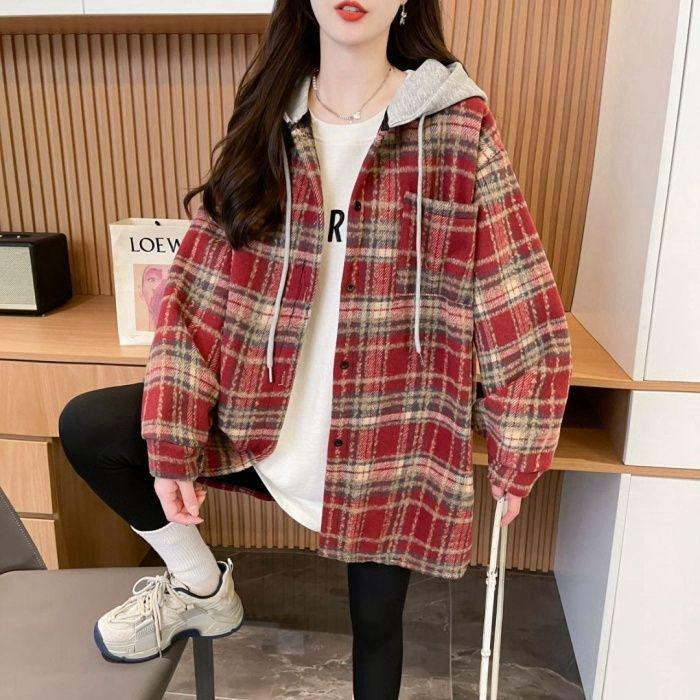 Retro Plaid Style Women's Coat with Hood Casual Mid-length Women's Top Thin Women's Spring Coat