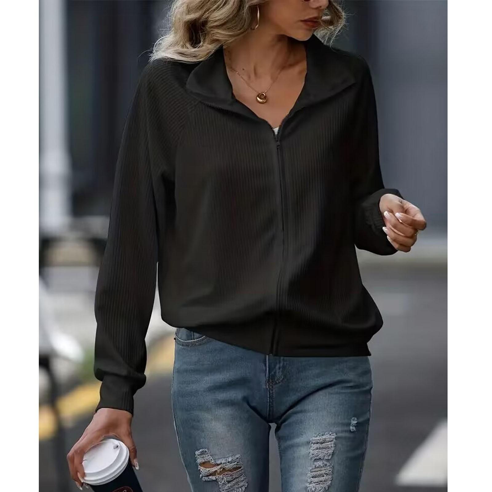 

Женская повседневная однотонная свободная трикотажная куртка с длинными рукавами на молнии L чёрный