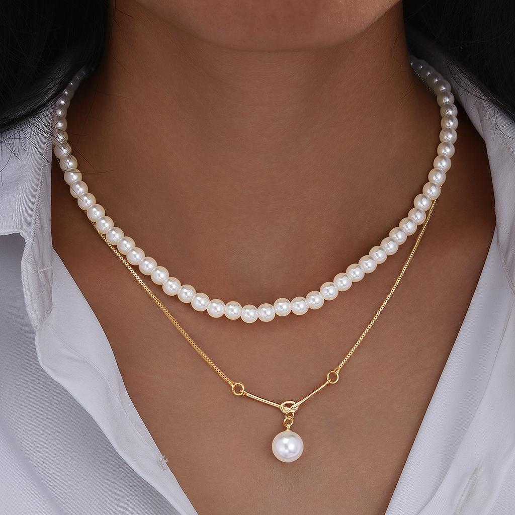 2 Pcs Elegant Pearl Beads Chic Exquisite Necklace Set Fashion Gold Color Minimalist Choker Necklace Daily Wear Party Jewelry New