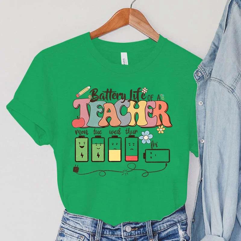 Battery Life of Teacher Print T Shirt Women Summer Tshirt Casual Female Tees for Lady Short Sleeve Kpop Y2k Tops Harajuku