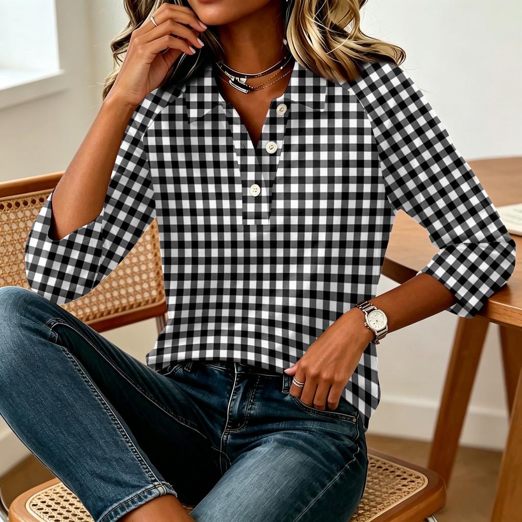 Camicia Casual da Donna a Maniche 3/4 Patchwork Stampa a Quadri Bottoni Collo Camicia Vestibilità Comoda Top Leggero per l'Uso Quotidiano
