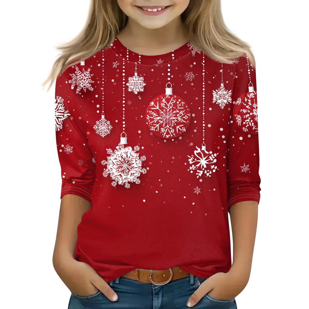 Christmas Day Print Tops For Youth Girls 5-16 Years Round Neck 3/4 Sleeves T-Shirts Trendy Tops Outfit Tees