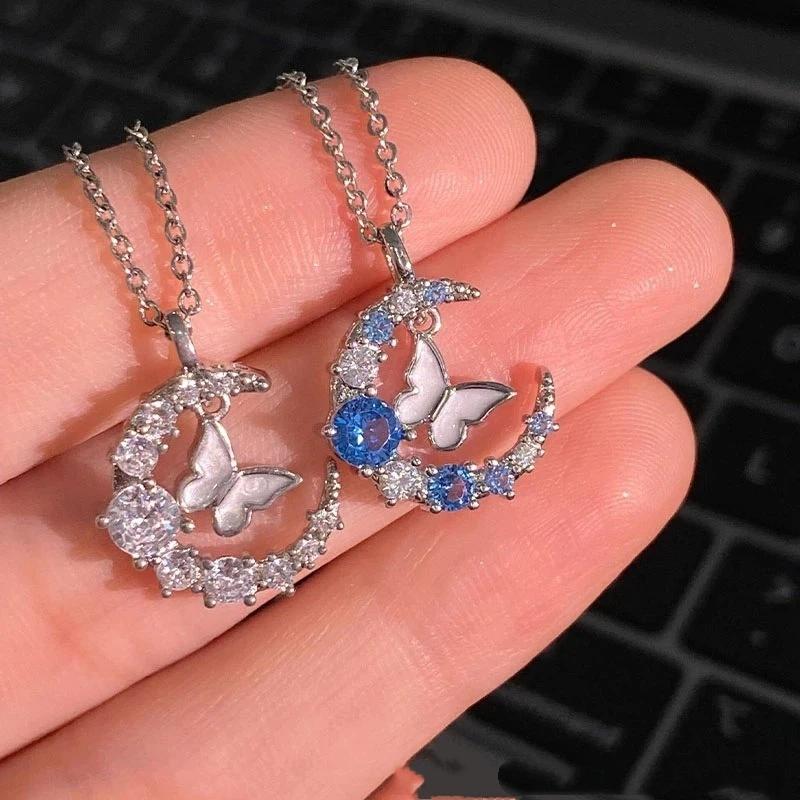 Butterfly Moon Necklace 1Pcs Korean Fashion Women Alloy Chain Cute Design Elegant Jewelry for Party and Daily Wear