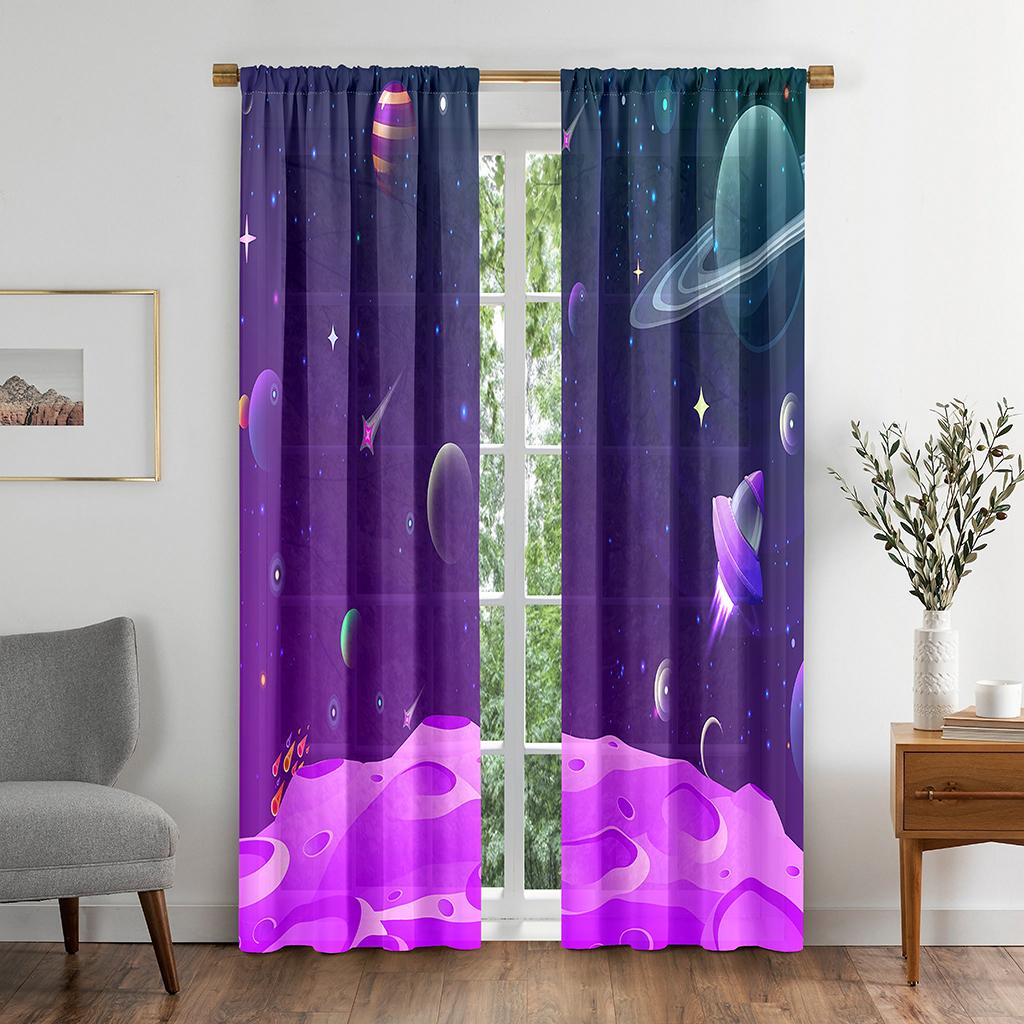Cortina Opaca de Ventana con Diseño de Galaxia Espacial Planeta Dibujos Animados para Sala de Estar Dormitorio Baño Cocina Puerta Armario Decoración Ganchos