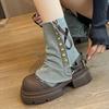 Niche design jeans tube boots women's 2025 Korean version doll head heightening fashion boots versatile medium boots short boots