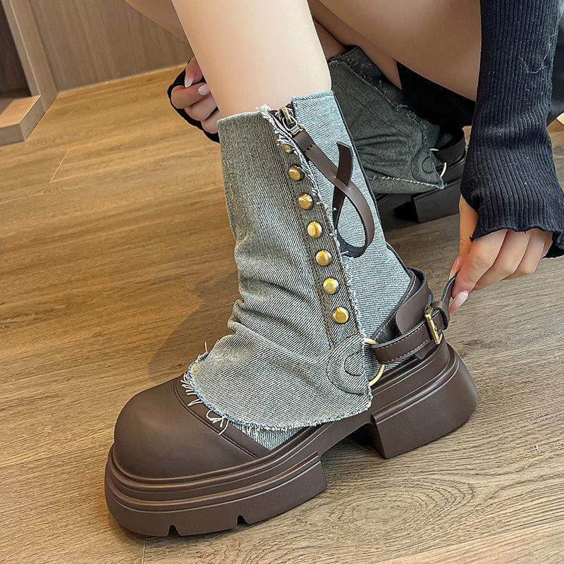 Niche design jeans tube boots women's 2025 Korean version doll head heightening fashion boots versatile medium boots short boots