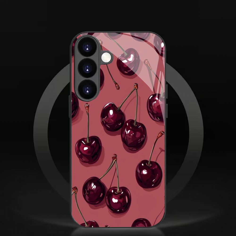 Red cherry tempered glass phone case suitable for Samsung Galaxy S26 S25 S24 S23 S22 S20 FE/Ultra/Plus5G anti drop back cover