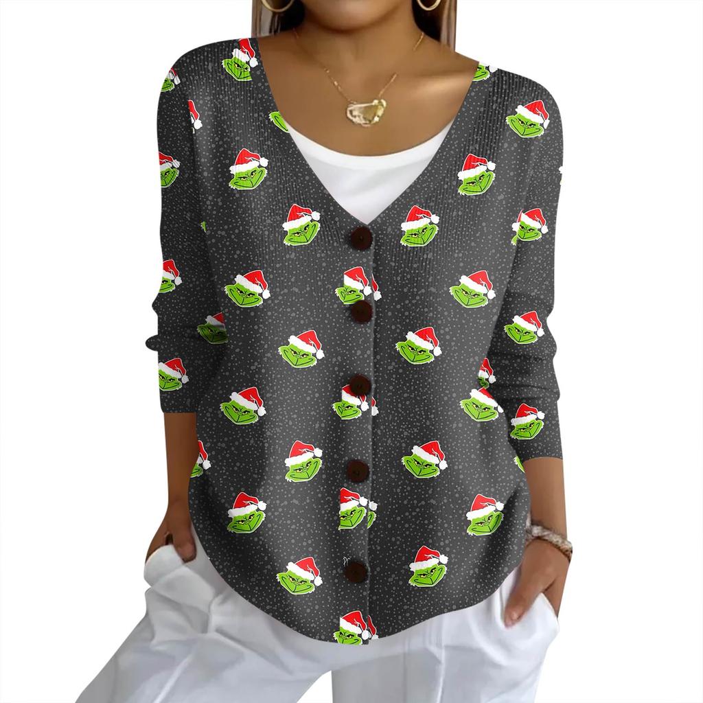Women's Fashion Casual Knit Sweater Button-Up Christmas Print Cardigan Jacket