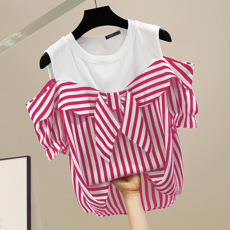 

ZANZEA Женские повседневные свободные блузки в полоску с круглым вырезом и короткими рукавами с открытыми плечами 3XL ярко-розовый