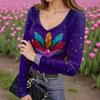 Women's Winter Slim-Fit Base Layer T-Shirt Fashionable  Print V-Neck Pullover Long-Sleeved Top