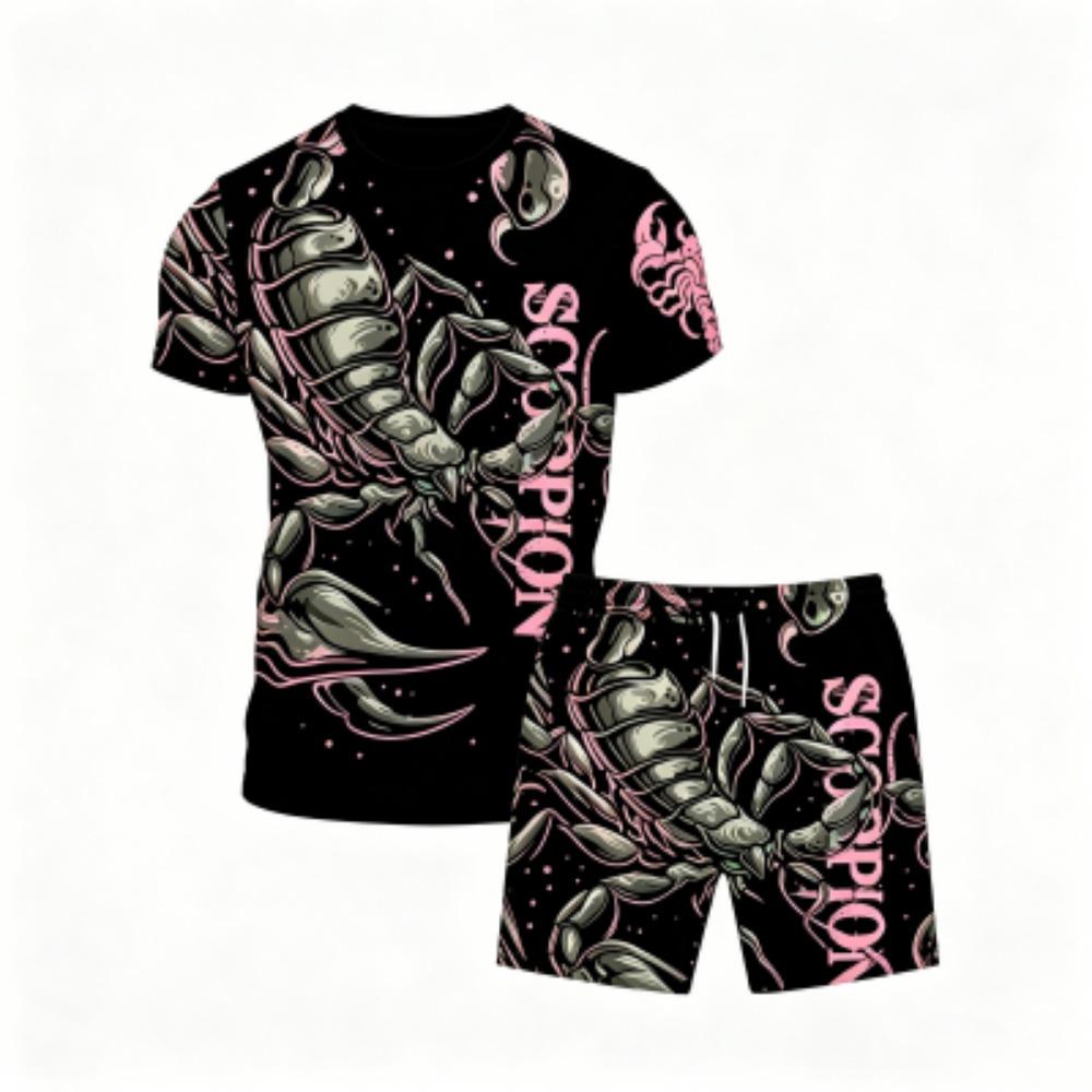 Europa und Amerika Tier Skorpion Muster Outdoor Straße Herren T-Shirt und Shorts 2-teiliges Set Sommer Freizeit Outfit Herren und Damen Sport Set