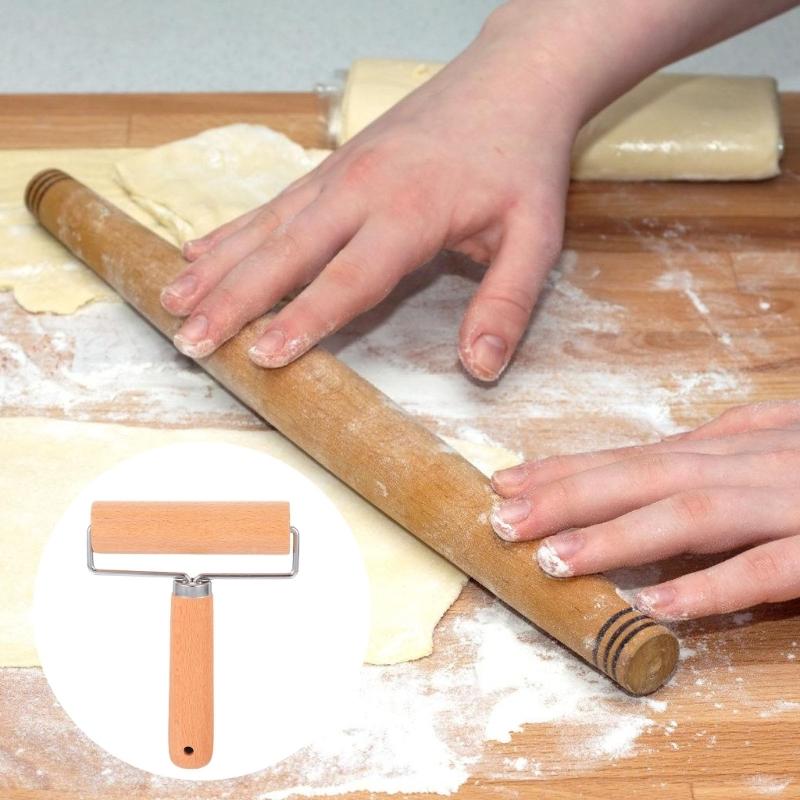 Ergonomic Handle Wooden Baking Roller With Steel Rings Rolling Pin For Effortlessly Dough Kneading And Space Saving