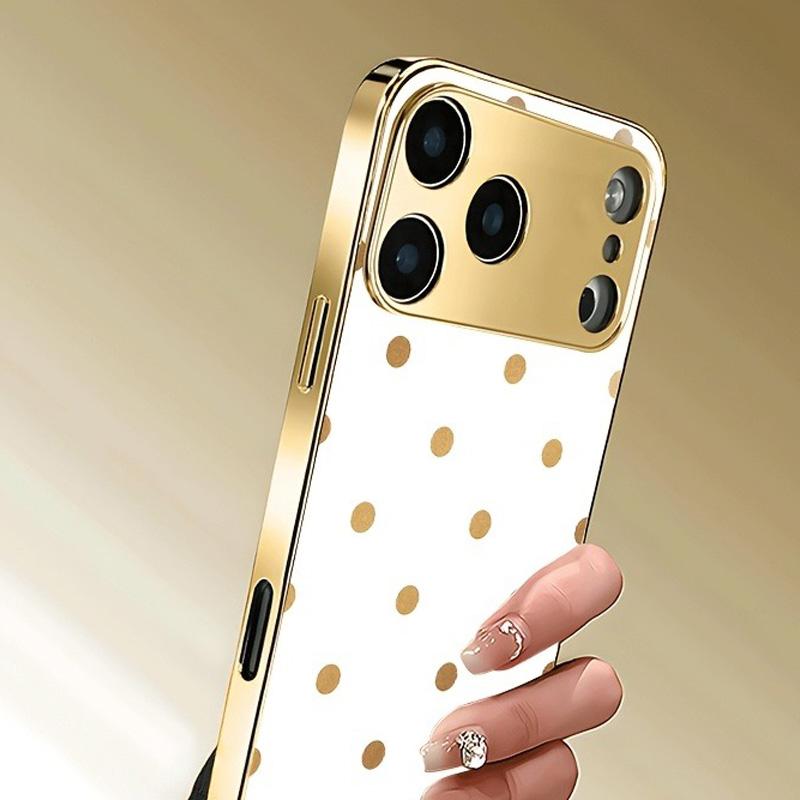 Golden Polka Dot Pattern Metallic Tempered Glass Phone Case For iPhone 11 12 13 14 15 16 17 18 Pro Max 14 Plus 17 Air 16E Cover