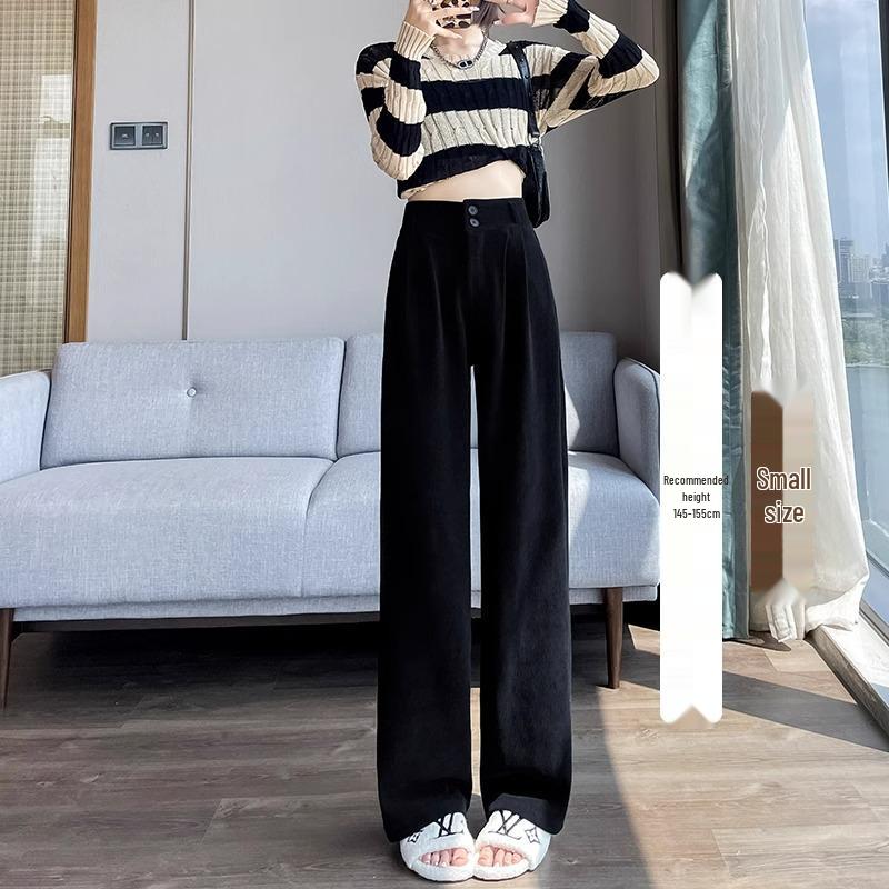 145cm Fleece-Lined High-Waisted Wide-Leg Chenille Pants - Women's XS, Petite, Black, Casual Autumn/Winter
