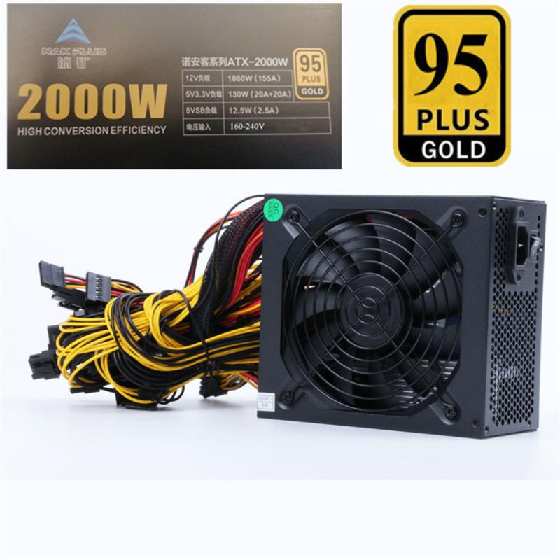 1Set 160V-240V Power Supply 2000W For 6 GPU  Rig Ereum Coin Mining 95 Gold