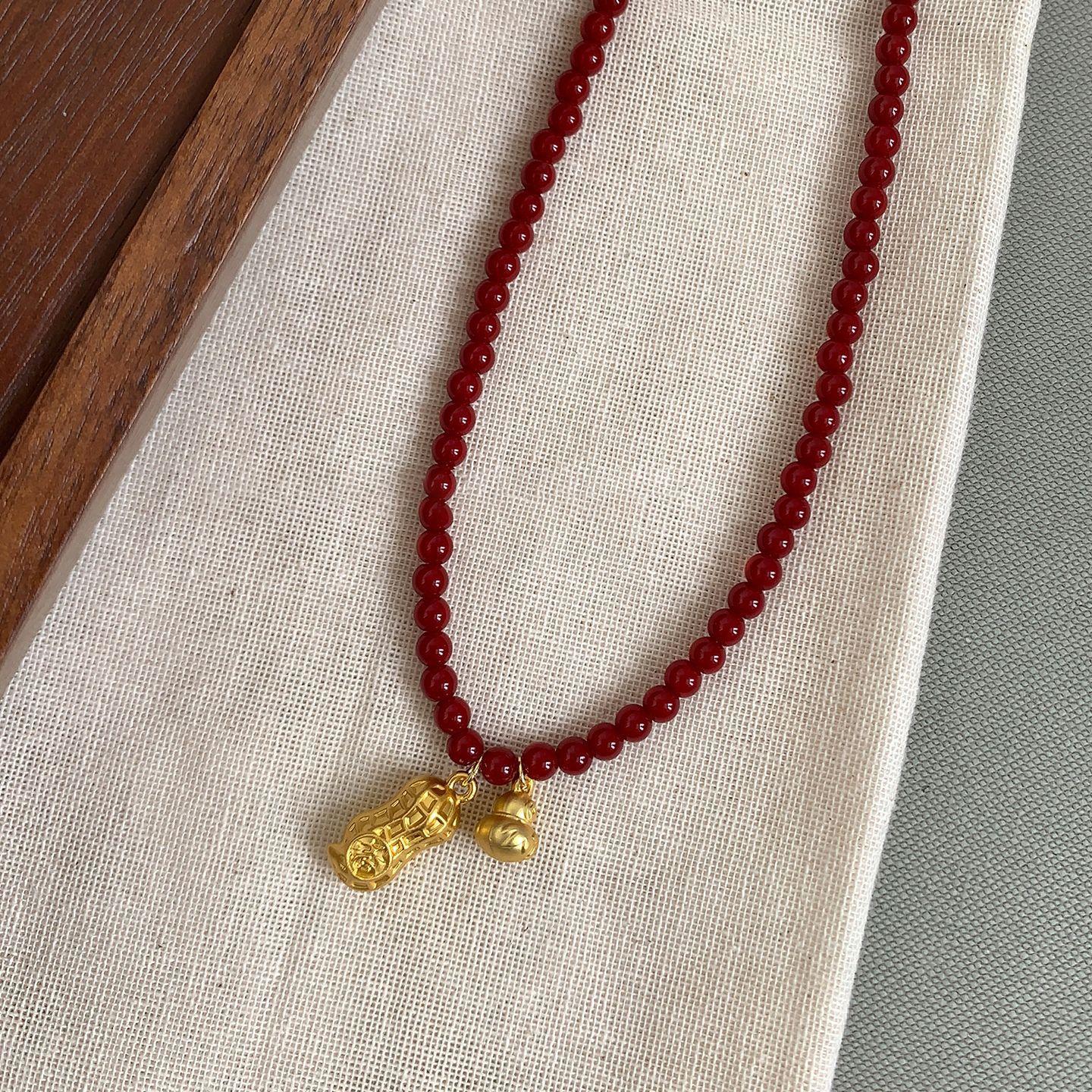 

18k real gold electroplated peanut pendant beaded necklace retro design sweater chain necklace