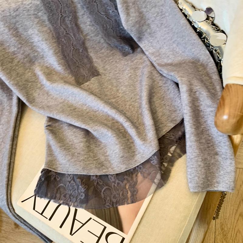 Bowknot Oblique Shoulder Lace Splicing Top for Women - 2025 Spring/Autumn Trendy High-End Base Layer