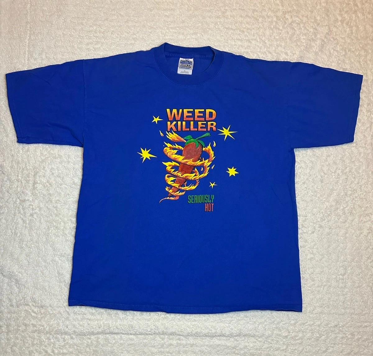 

VTG 90s/00s Weed Killer hot Sauce Chili Pepper Austin Grill Blue T Shirt Size XL M