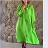Women's Solid Color Linen Cotton Stand Collar 3/4 Sleeve Single Breasted Loose Casual Midi Long Dress