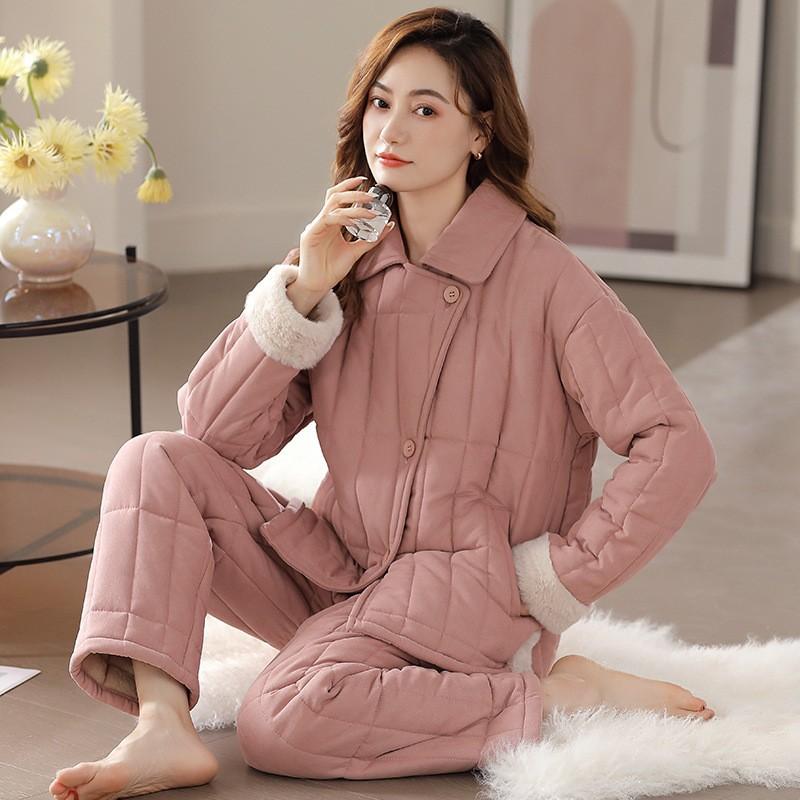 Coral Fleece Padded Pajamas Women'S Autumn And Winter Three-Layer Thickened Fleece Warm Flannel Loungewear