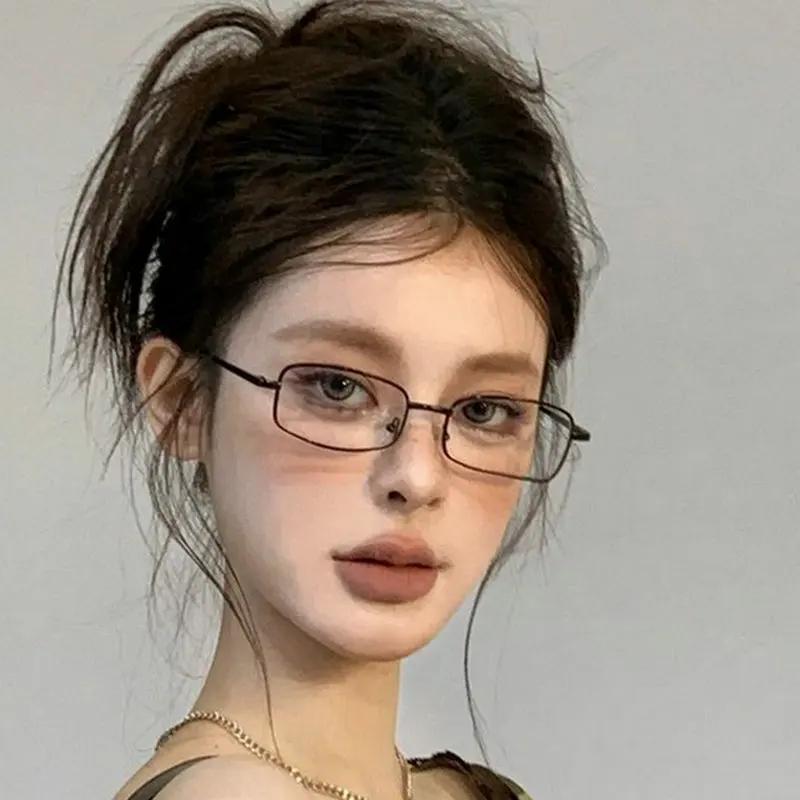 

Винтажные очки Y2K Квадратная металлическая оправа Полуободковые Девичьи Шикарные Косплей Вечеринка Украшение Очки Металлические Фотографические Очки Подарки