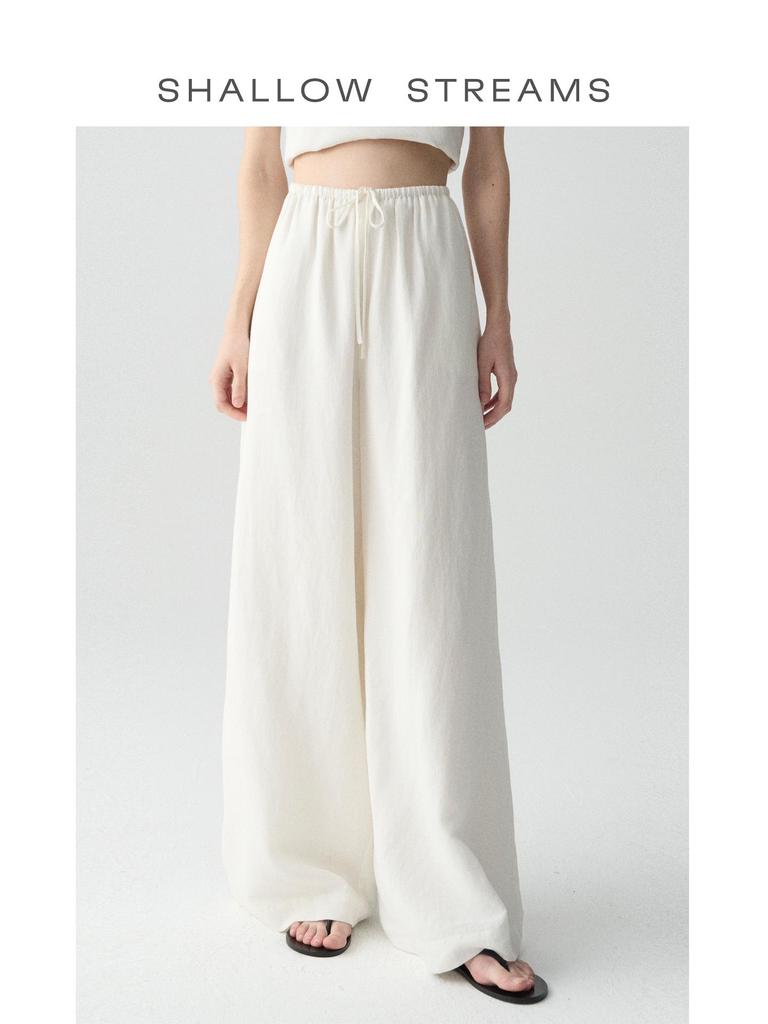 Sea of Dimples High-Waisted Linen Trousers: Breathable White Wide-Leg, Floor-Length, Early Autumn Casual Pants.