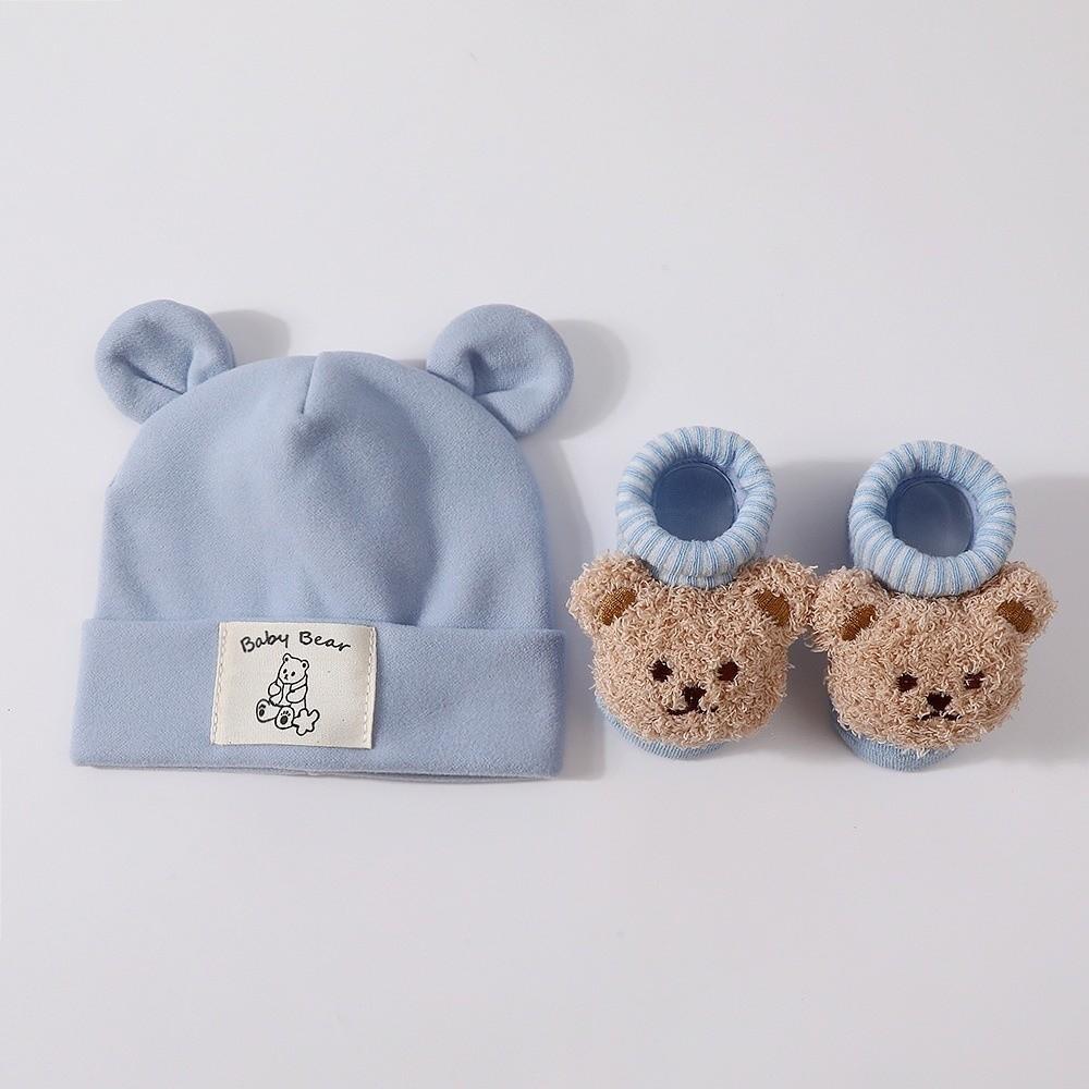 2Pcs/Set Warm Bear Ear Beanie Cotton Infant Cap Socks Cute Baby Turban Socks  Autumn Winter