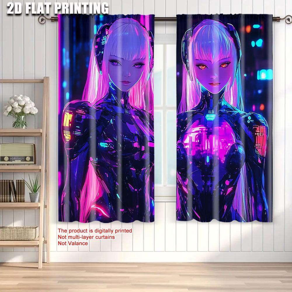 2pcs   Curtain Set  plane printing Vibrant Cyberpunk Anime Girl Durable 100% Polyester Fabric (without rod) Holiday Ldeal for