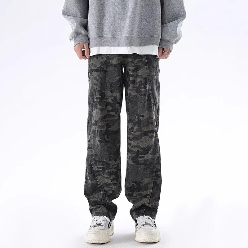 JYL Unisex Jeans American Deconstructed Camo Loose Straight Cargo Denim S