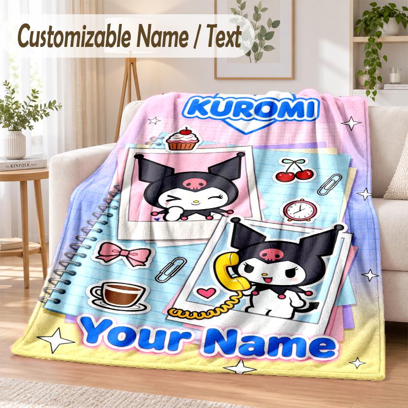 Kuromi Custom Name Flannel Throw Blanket Soft Warm for Sofa Bed Indoor Home Use