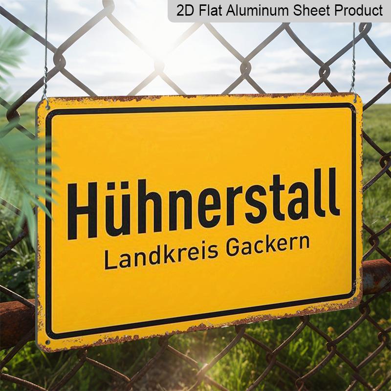 2D Flat, 12"x8" Rustic Vintage Aluminium Metal Chicken Coop Wall Sign - "Landkreis Gackern" German Text & "Hühnerstall" Design, Weather-Resistant
