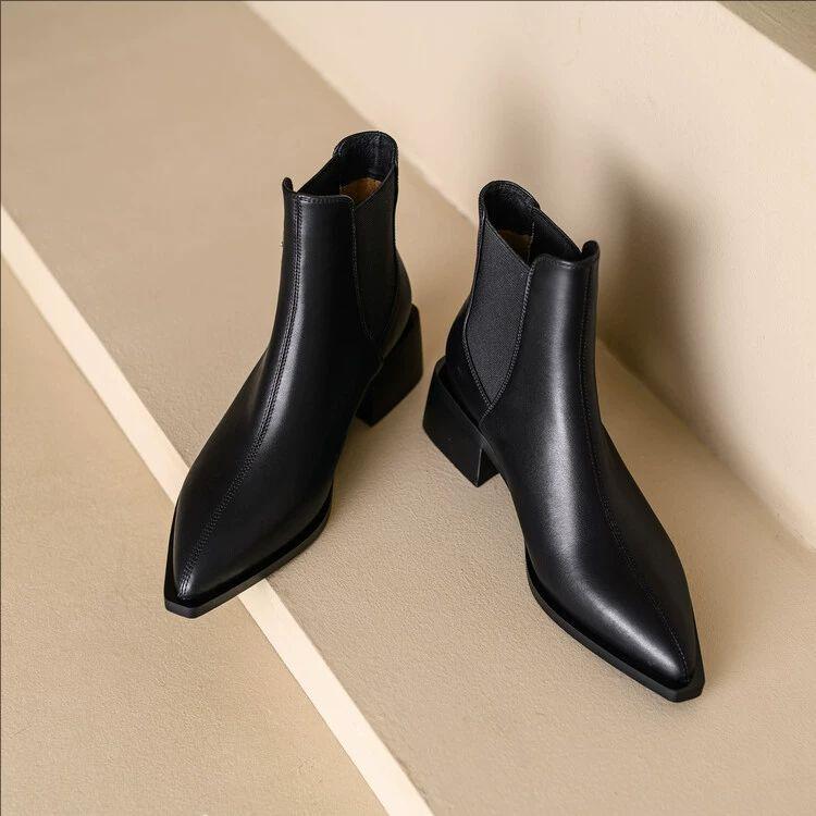 Fashion Women Pointed Thick Ankle Boots  Winter Comfortable Soft Leather Short Boots Woman Fashion Solid Color Slip On Botas Mujer