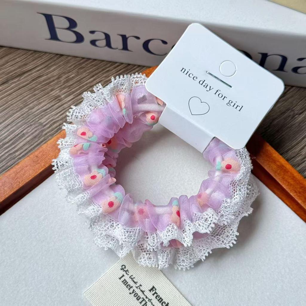 Lace Trim Macaron Color Elastic Flower Hair Tie - Korean Style