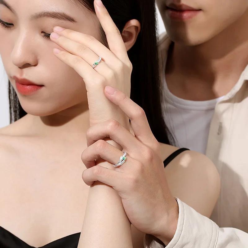 Cool Fun Simple Creativity Green Leaves Young Couple Ring Women Lover Silver Color Open Resizable Rings Romantic Jewelry