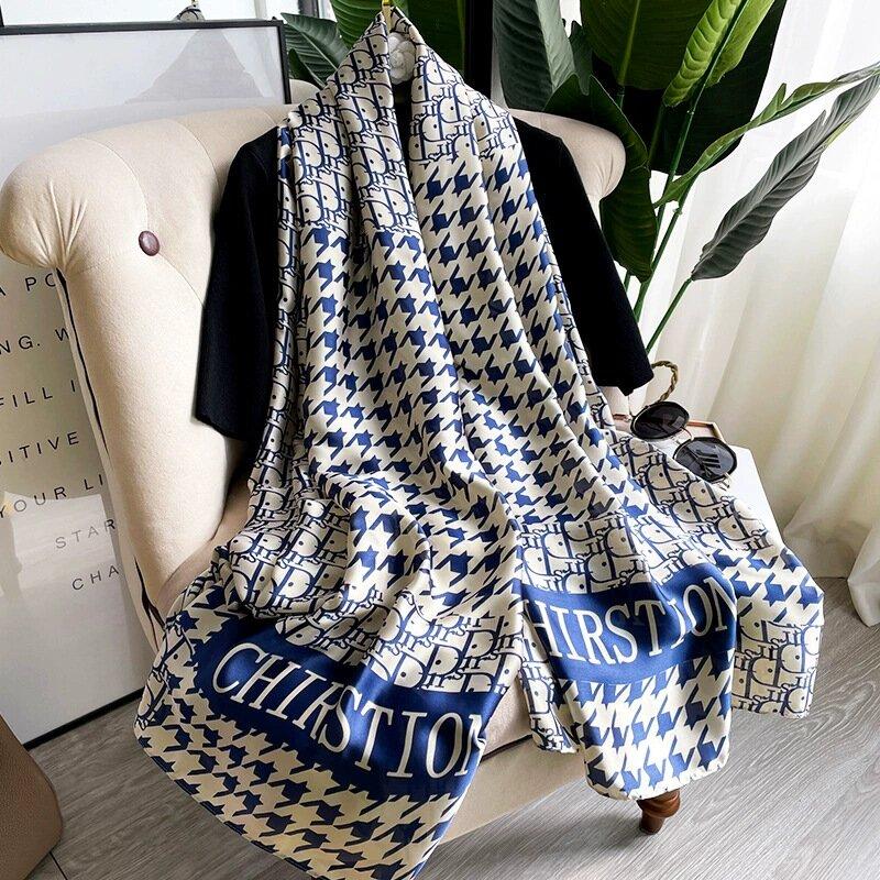 

1 Pcs 180x90 Korean-style women s fashion letter thousand-bird pattern Imitation silk scarf, air conditioner shawl, beach towel 180x90 темно-синього кольору