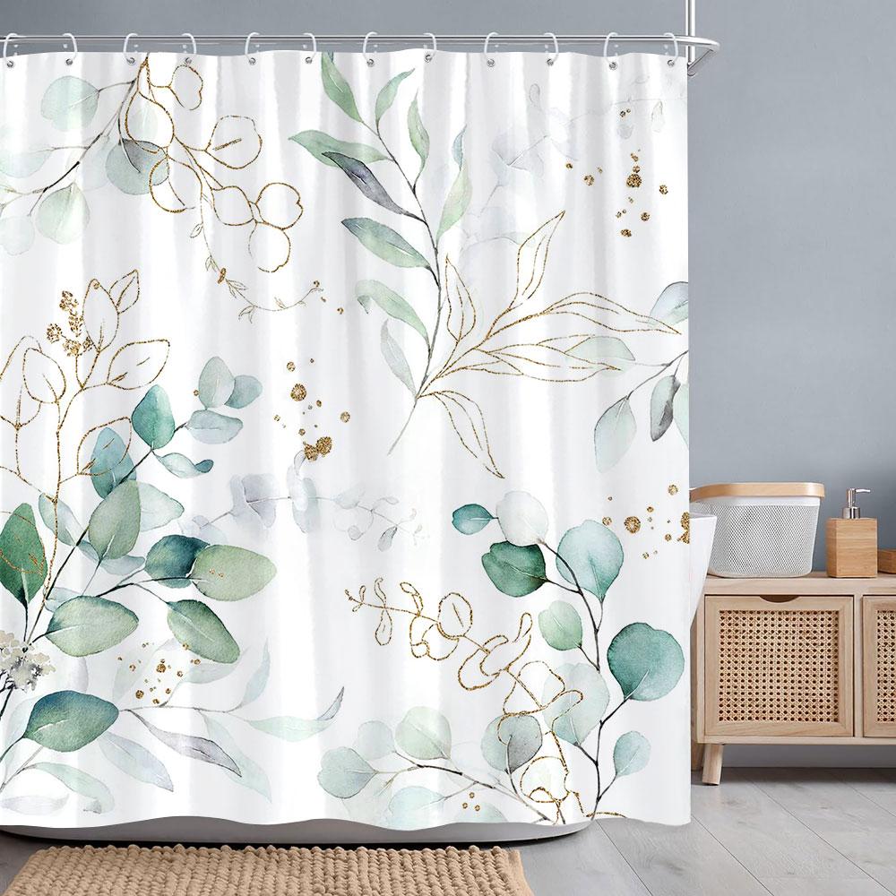 Tropical Botanical Flower Shower Curtain Beige Green Palm Leaf Flower Scandinavian Decor Bathroom Polyester Shower Curtains Set