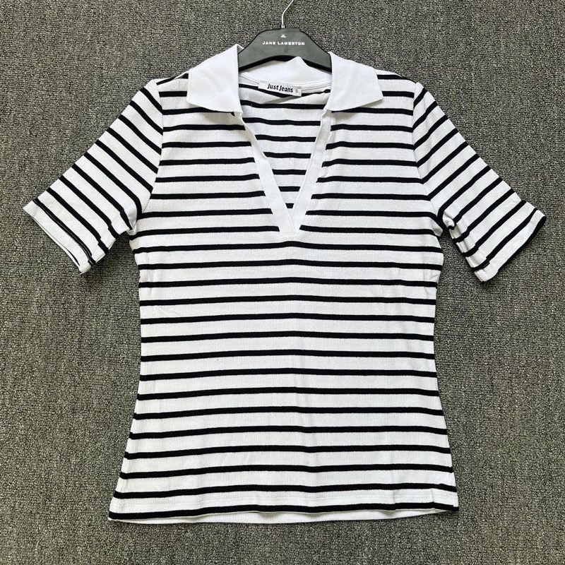 Genuine Export Surplus European and American Striped Stretchy Slim-Fit Comfortable Cotton Women's Summer Polo Collar Short-Sleeve T-Shirt
