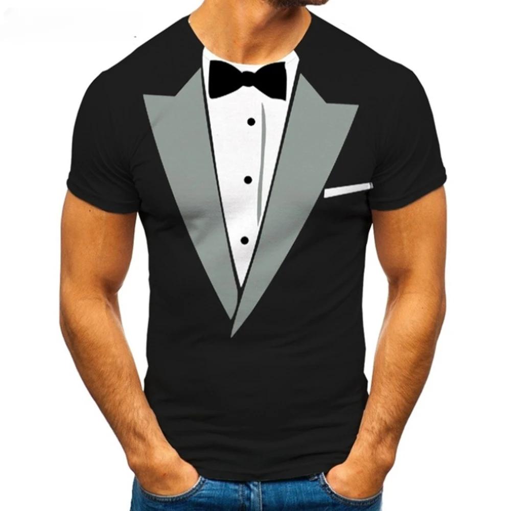 Summer Men's TuxedoRetro Tie Suit Bow Tie 3d Print T-shirt Casual Short-sleeved Street Funny Fake Suit Top