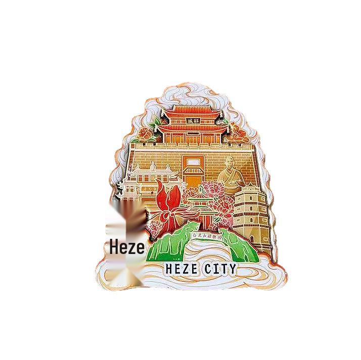 Heze Metal & Wood 3D Refrigerator Magnet: Chinese City Tourism Souvenir