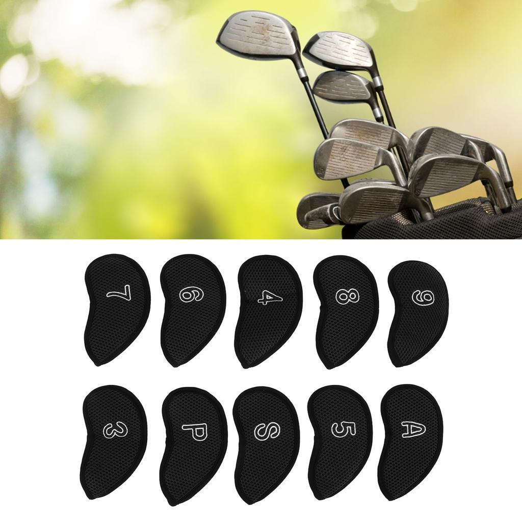 10 PCS Golf Club Head Covers Golf Iron Pole Net Cover Club Protective Head Covers with Numbers Black