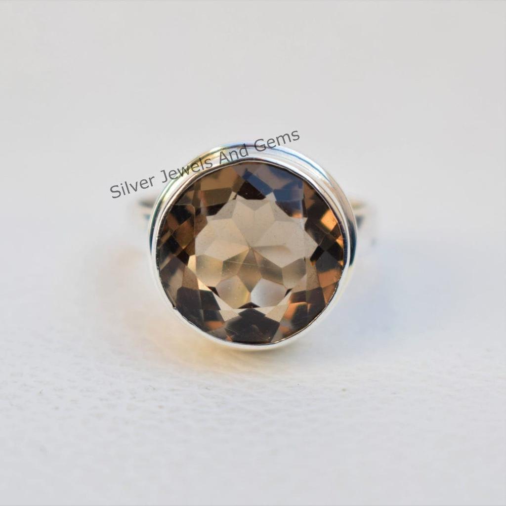 Handmade Round Smoky Quartz Ring: 925 Sterling Silver, Capricorn Birthstone